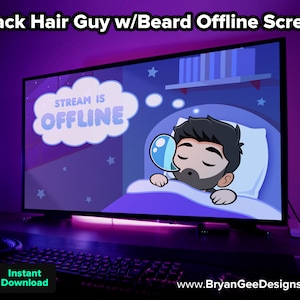 May include: A purple and blue animated offline screen featuring a cartoon man with a beard sleeping in bed. The text "Stream is Offline" is in a white speech bubble above the man.