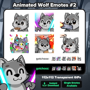 May include: A collection of animated wolf emotes in various poses, including holding a coffee cup, with confetti, and with a gun. The emotes are gray and white with black outlines. The text "Animated Wolf Emotes #2" and "gotchooz" are displayed.