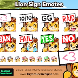 Lion Twitch Emotes Heart Sign 10 Sign GG Sign Raid Sign Ban Sign Fail Sign Yes Sign No Sign for Streaming Youtube Discord TikTok P2U