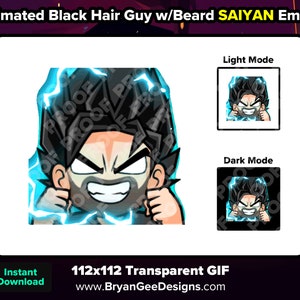 May include: Animated GIF of a black haired man with a beard in a Saiyan pose. The man is wearing a black shirt and has blue lightning around him. The GIF is 112x112 pixels and is transparent. The text "Instant Download" and "112x112 Transparent GIF" is visible at the bottom of the image.