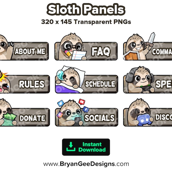 Sloth Twitch Panels for Streaming, Youtube Panels, Kick Panels, Rumble Panels, Streamer Panels, Streamer Graphics, Twitch Graphics