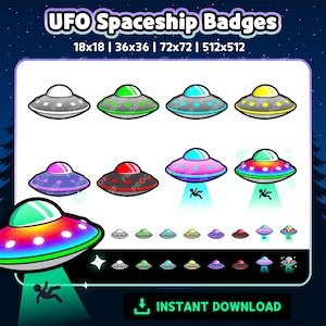 以下が含まれることがあります： さまざまなデザインとサイズのカラフルなUFO宇宙船バッジのコレクション。バッジは、緑、ピンク、黄色など、さまざまな配色で、人がテレポートされています。「UFO Spaceship Badges」というテキストが上部にあります。
