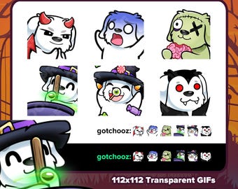 Animated White Dog Halloween Emotes Sneaky Devil, Jason Chase, Zombie Nom, Cauldron, Candy Hype, Vampire POP for Streaming Twitch Discord