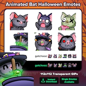 May include: A collection of animated bat Halloween emotes. The image showcases cartoon bats with diverse designs, such as a witch hat, zombie, and vampire. Text includes "gotchooz" and "112x112 Transparent GIFs."