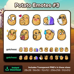 Potato Twitch Emotes Derp Hug Gasm Sleep Notes Study Wow Popcorn Wink Nervous Confused for Streaming Youtube Discord TikTok Kick P2U