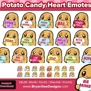 May include: A set of 16 potato-shaped cartoon characters holding heart-shaped candy with various messages, such as "Love U", "Be Mine", "Hug Me", "Bae", "Miss You", "XOXO", "You Rock", "QT Pie", "Shut Up", "Bite Me", "U Smell", "No Thx", "Ur Ugly", "IDC", "Go Away", and "Nope". The characters are in various poses and expressions. The image also includes a smaller version of the characters in a grid at the bottom, and a larger potato character holding a heart that says "Be Mine".