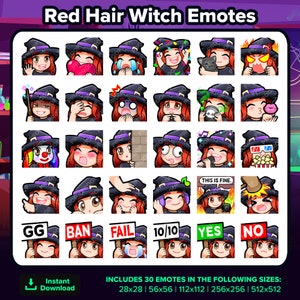 MÉGA Bundle d'émotes Twitch sorcière aux cheveux roux pour streaming, émoticônes Youtube, émoticônes Discord, émoticônes Kick, émoticônes TikTok, Rumble, émoticônes, P2U