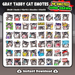 Paquete de 48 emoticonos de gato atigrado gris para Twitch, Discord y YouTube / Emoticonos de gatos adorables para streamers / Descarga digital / Gato atigrado kawaii