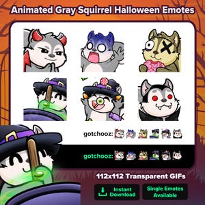 May include: Animated gray squirrel Halloween emotes. The image shows six animated gray squirrels with Halloween-themed designs. The text "gotchooz" is displayed, along with the text "112x112 Transparent GIFs".