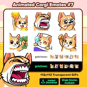 Op de afbeelding: Een verzameling geanimeerde corgi-emotes die verschillende emoties uitdrukken, waaronder vreugde, woede en verbazing. De emotes in cartoonstijl zijn overwegend geel en oranje. De tekst "Animated Corgi Emotes #7" staat bovenaan.
