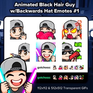 Può includere: GIF animati di un personaggio dei cartoni animati con i capelli neri che indossa un cappello al contrario. Il personaggio è mostrato con diverse espressioni, tra cui sorridere, arrabbiarsi e tenere un cuore. Il testo "gotchooz: 112x112 & 512x512 Transparent GIFs" è nella parte inferiore dell'immagine.