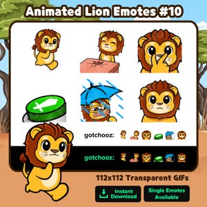 Könnte beinhalten: Digitalgrafik mit animierten Löwen-Emotes. Die Emotes zeigen verschiedene Ausdrücke und Aktionen, wie Sitzen, Zeigen und traurig aussehen. Der Text "Animated Lion Emotes #10", "gotchooz" und Informationen zu den GIFs sind enthalten.