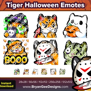 May include: A collection of Halloween-themed tiger emotes. The emotes feature tigers dressed in costumes, including a witch, a zombie, and a character with a hockey mask. The text "BOOO" is also present. The image includes the text "Tiger Halloween Emotes" and "Instant Download".