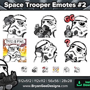May include: A set of eight digital emoticons featuring a white space trooper character in various poses. The emoticons include the trooper saluting, holding a gun, giving a thumbs up, holding a cup of coffee, looking confused, and saying "GG". The emoticons are available in four different sizes: 512x512, 112x112, 56x56, and 28x28.