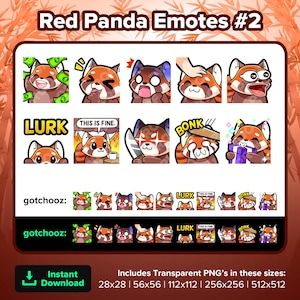 Emotes de Twitch de Panda Rojo Dono Riendo Cabeza Asustada Pat POG Lurk Esto está bien Golpe Cuchillo malvado Regalo para transmisión Youtube Discord TikTok P2U