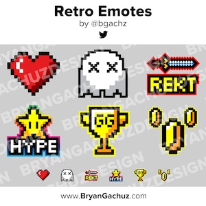 May include: A set of eight pixel art emoticons, including a heart, ghost, sword, star, trophy, coins, and the words "REKT" and "HYFE".