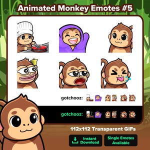 May include: A collection of animated monkey emotes in various expressions, including a chef, a monkey wrapped in a purple blanket, and a monkey sticking out its tongue. The text "Animated Monkey Emotes #5" and "gotchooz" are displayed.