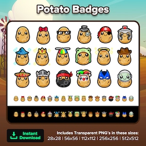 Könnte beinhalten: Ein Satz von 36 Kartoffel-Badge-Illustrationen mit verschiedenen Hüten und Accessoires. Die Badges sind in verschiedenen Größen, darunter 28x28, 56x56, 112x112, 256x256 und 512x512 Pixel. Der Text "Potato Badges" befindet sich oben im Bild. Der Text "Sofort herunterladen" befindet sich unten im Bild.