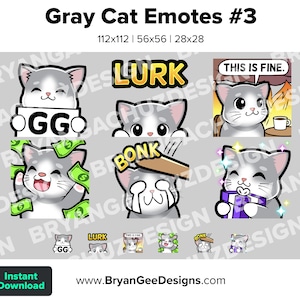 Gray Cat Dono Lurk This is Fine Hit GG Gift Twitch Emotes for Youtube Emotes Discord Stickers