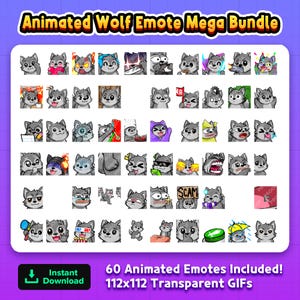 Pode incluir: Uma coleção de 60 emotes de lobo animados com várias expressões, incluindo aqueles com corações, chamas e óculos de sol. O texto "Animated Wolf Emote Mega Bundle" está no topo, com "Instant Download" e "60 Animated Emotes Included!" na parte inferior.