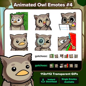 Animated Owl Twitch Emotes Hiding Bush, Clapping, Notes, POP, Sus Magnifying Glass, Gamba for Twitch Youtube Discord for Streaming | P2U