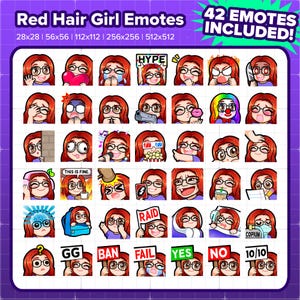 Red Hair Girl with Glasses Twitch Emotes MEGA Bundle for Streaming, Youtube Emotes, Discord Emotes, Kick, TikTok, Rumble, Emojis