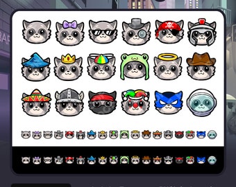 May include: A set of 24 raccoon badges with different hats and accessories. The badges are in various colors, including red, blue, green, yellow, and black. The badges are available in four sizes: 18x18, 36x36, 72x72, and 512x512.