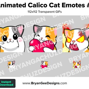 Animated Calico Cat Twitch Emotes for Streaming Wave Love Rage Youtube Emotes Discord Stickers