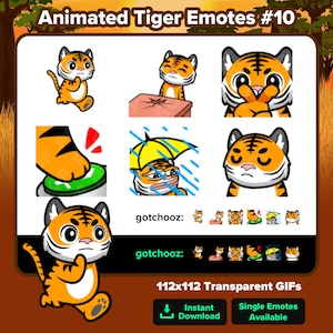 Könnte beinhalten: Eine Sammlung animierter Tiger-Emotes in Orange und Schwarz, die verschiedene Ausdrücke und Aktionen zeigen. Die Emotes werden auf weißem Hintergrund mit dem Text "Animated Tiger Emotes #10" dargestellt. Das Bild enthält auch den Text "gotchooz" und "112x112 Transparent GIFs".