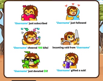 Pacchetto di avvisi animati a forma di leone per Twitch / Simpatici avvisi animati per lo streaming in formato WEBM / Avvisi per Twitch OBS StreamElements / Avvisi per streamer a forma di leone
