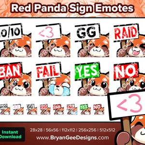 Red Panda Twitch Emoticonos Heart Sign 10 Sign GG Sign Raid Sign Ban Sign Fail Sign Yes Sign No Sign for Streaming Youtube Discord TikTok P2U