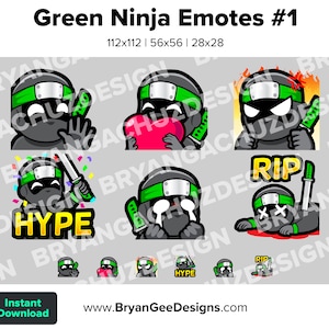 Green Ninja Twitch Emotes for Streaming Wave Love Rage HYPE Sad RIP Youtube Emotes Discord Stickers