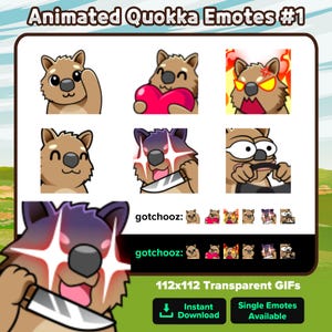 Op de afbeelding: Een verzameling van zes geanimeerde quokka-emotes getiteld Animated Quokka Emotes #1. De bruine quokka-personages tonen verschillende uitdrukkingen, waaronder zwaaien, een rood hart vasthouden, boos kijken met vuur, glimlachen, een mes vasthouden en rijden.