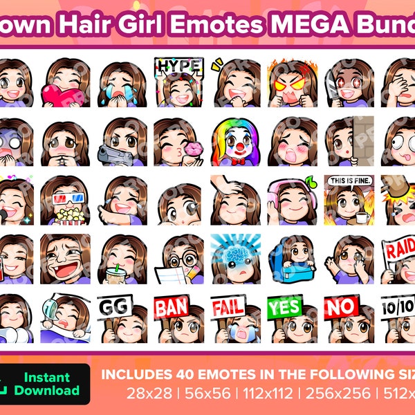 Brown Hair Girl Twitch Emotes MEGA Bundle for Streaming, Youtube Emotes, Discord Emotes, Kick Emotes, TikTok Emotes, Rumble Emotes, Emojis