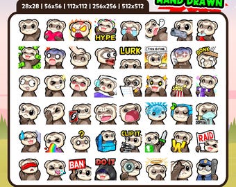 Pacchetto di 48 emoticon di furetto per Twitch, Discord e YouTube / Simpatiche emoticon di furetto per streamer / Download digitale / Furetto Kawaii