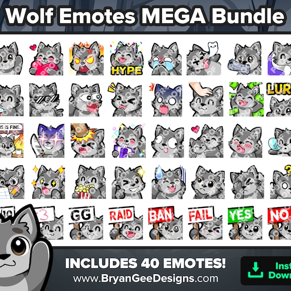 Wolf Twitch Emotes MEGA Bundle for Streaming, Youtube Emotes, Discord Emotes, Kick Emotes, TikTok Emotes, Rumble Emotes, Emojis
