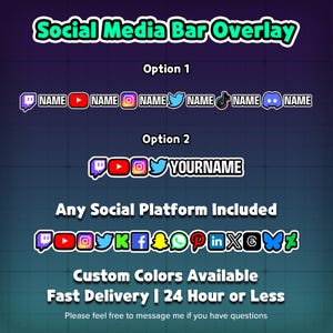 Custom Social Media Bar Overlay | Twitch YouTube Kick Stream Overlay | Social Icons Overlay | Streamer Overlay Package | OBS Stream Graphics