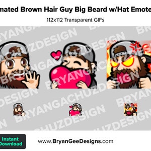 Animated Brown Hair Guy with Beard Wave Love Rage Twitch Emotes for Streaming Youtube Emotes Discord Stickers