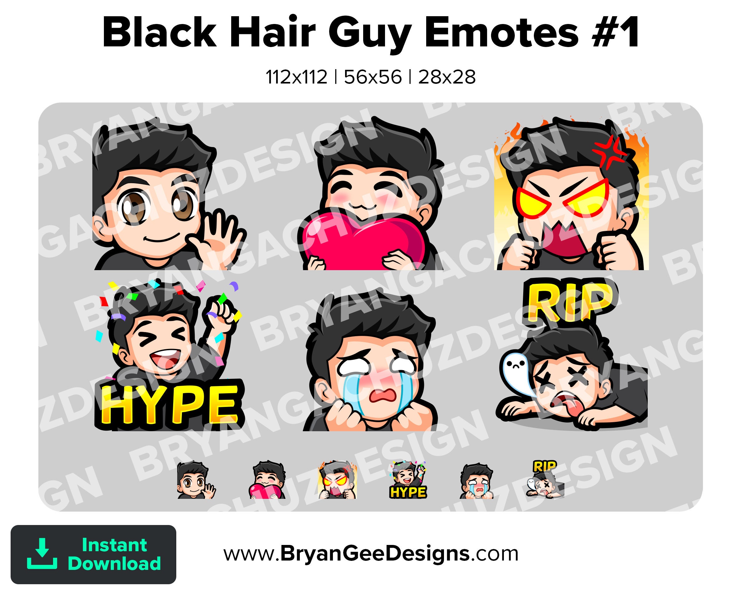 Black Hair Guy Twitch Emotes For Streaming Wave Love Rage Hype Etsy