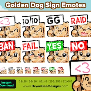 Golden Dog Twitch Emotes Signe de coeur Signe 10 Signe GG Signe de raid Signe d'interdiction Signe d'échec Oui Signe Aucun signe pour le streaming Youtube Discord TikTok P2U