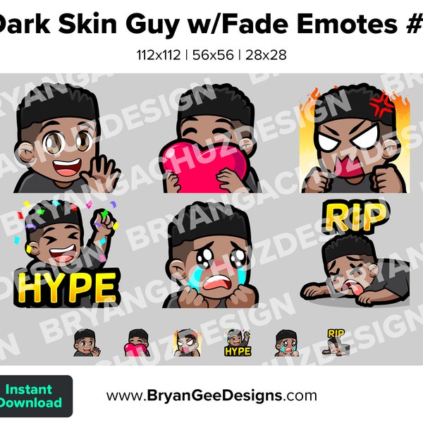 Dark Skin Guy with High Top Fade Twitch Emotes for Streaming Wave Love Rage HYPE Sad RIP Youtube Emotes Discord Stickers Tiktok Emotes