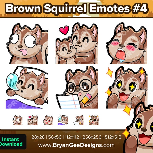 Brown Squirrel Twitch Emotes Derp Hug Gasm Sleep Study Notes Wow for Streaming, Youtube, Discord, Kick, Tiktok, Rumble, Slack