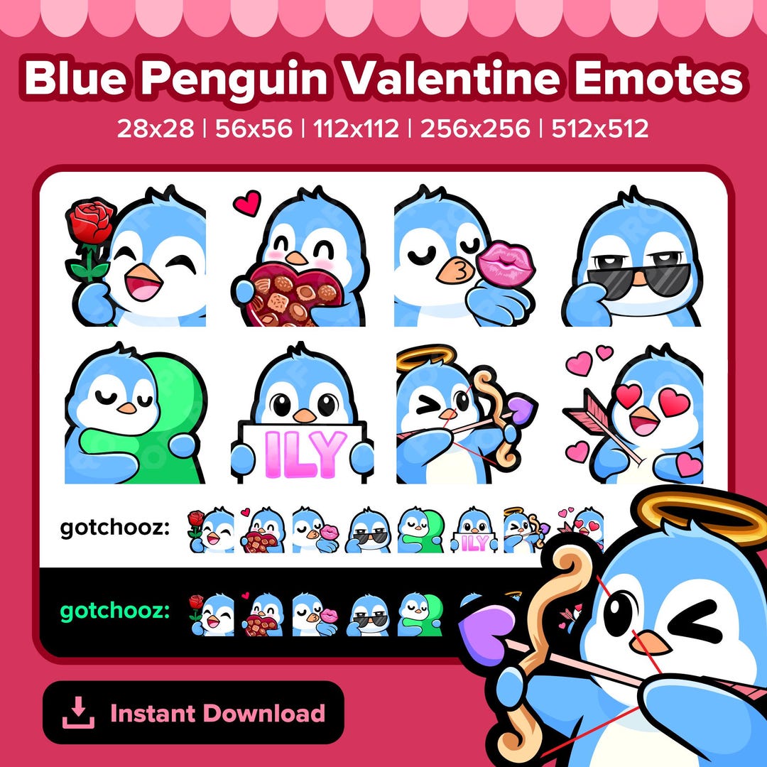 Blue Penguin Valentine Twitch Emotes for Streaming | Emotes for Youtube ...
