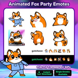 Animerade Fox Party-emotes | Jammies Bobble Dance DJ Twerk Wiggle | Twitch Youtube Discord Kick Tiktok Rumble | Söt Fox