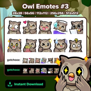 Owl Twitch Emotes Derp Hug Gasm Sleep Notes Study Wow Popcorn Wink Nervous Confused for Streaming Youtube Discord TikTok Kick P2U