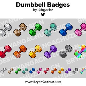 May include: A set of 30 colorful dumbbell badges with a shiny, 3D effect. The badges are arranged in three rows of ten, with each row featuring a different color scheme. The text "Dumbbell Badges" and "by @bgachz" is displayed at the top of the image.
