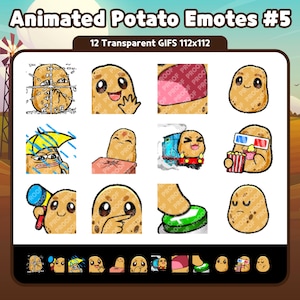 Könnte beinhalten: Eine digitale Sammlung mit dem Titel Animated Potato Emotes #5, bestehend aus 12 transparenten GIFs in der Größe 112x112 Pixel. Das Set zeigt verschiedene Cartoon-Kartoffeln in unterschiedlichen Zuständen, darunter mit 3D-Brille, im Zug und mit Regenschirm.