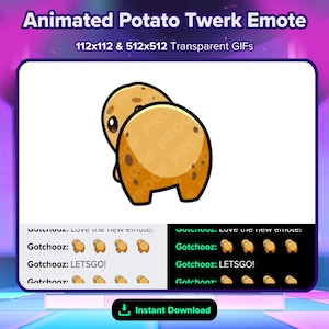 May include: Animated potato twerk emote in GIF format. The image features a cartoon potato with a brown body and dark brown spots. Text includes "Gotchooz: LETSGO!" and "Instant Download."