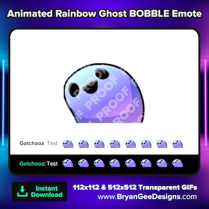 May include: Animated GIF of a rainbow ghost bobbling its head. The ghost is purple and blue with a happy expression. The text "Gotchooz: Test" appears twice below the animated ghost.