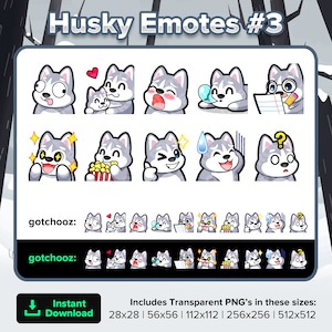Husky Dog Twitch Emotes Derp Hug Gasm Sleep Notes Study Wow Popcorn Wink Nervous Confused for Streaming Youtube Discord TikTok Kick P2U